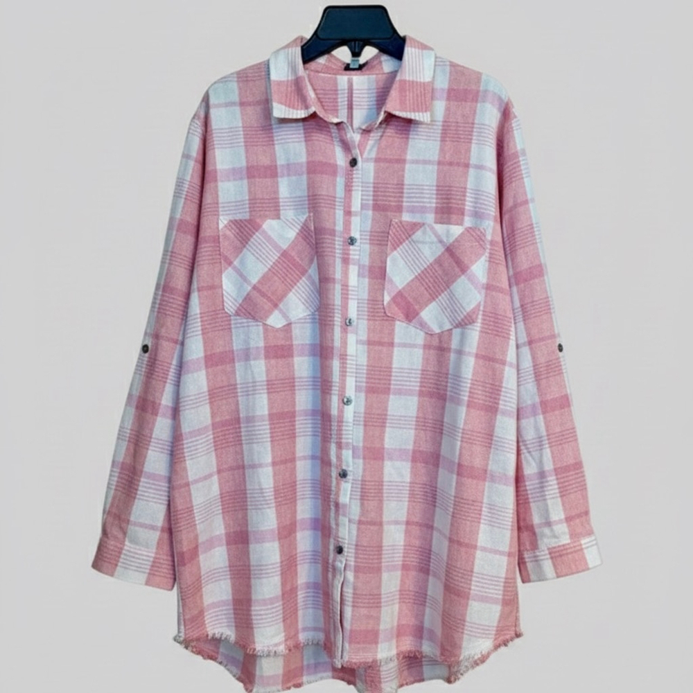 White Birch Plaid Linen Blend Button Down Shirt Jacket 1X Oversized Boho